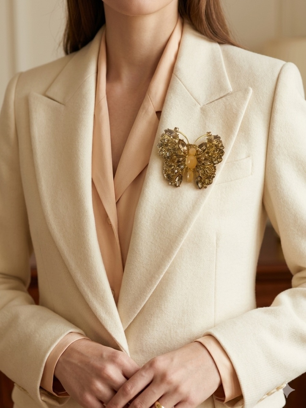 Elegant Gold & Peach Butterfly Brooch - Women's Jewelry